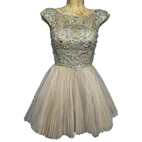 Sherri Hill Dress Womens 2 Tan Beaded Sequin Jeweled Style 2814 Cocktail Prom - Picture 1 of 10